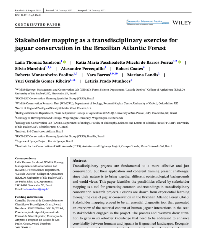 Stakeholder mapping as a transdisciplinary exercise for jaguar conservation in the Brazilian Atlantic Forest