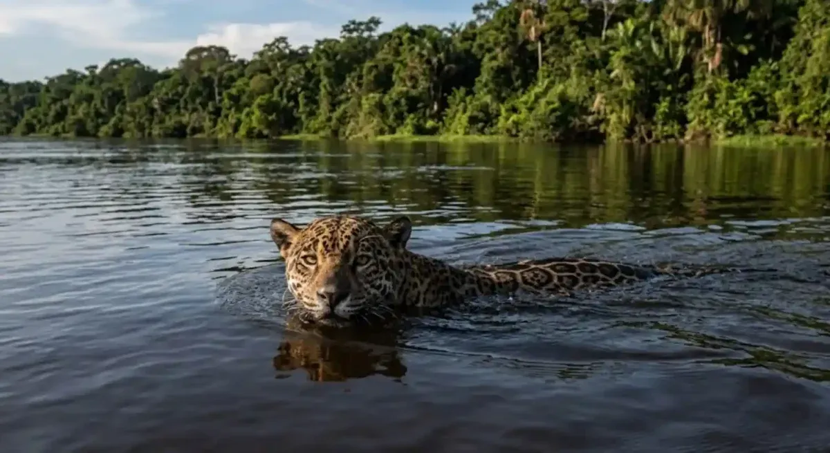 Onça-pintada nadando no rio Amazonas.